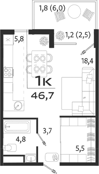 Студия, 38.2 м²