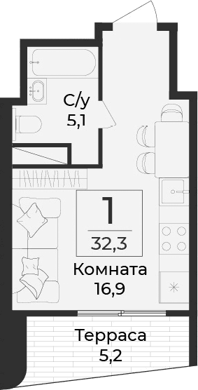 Студия, 27.1 м²