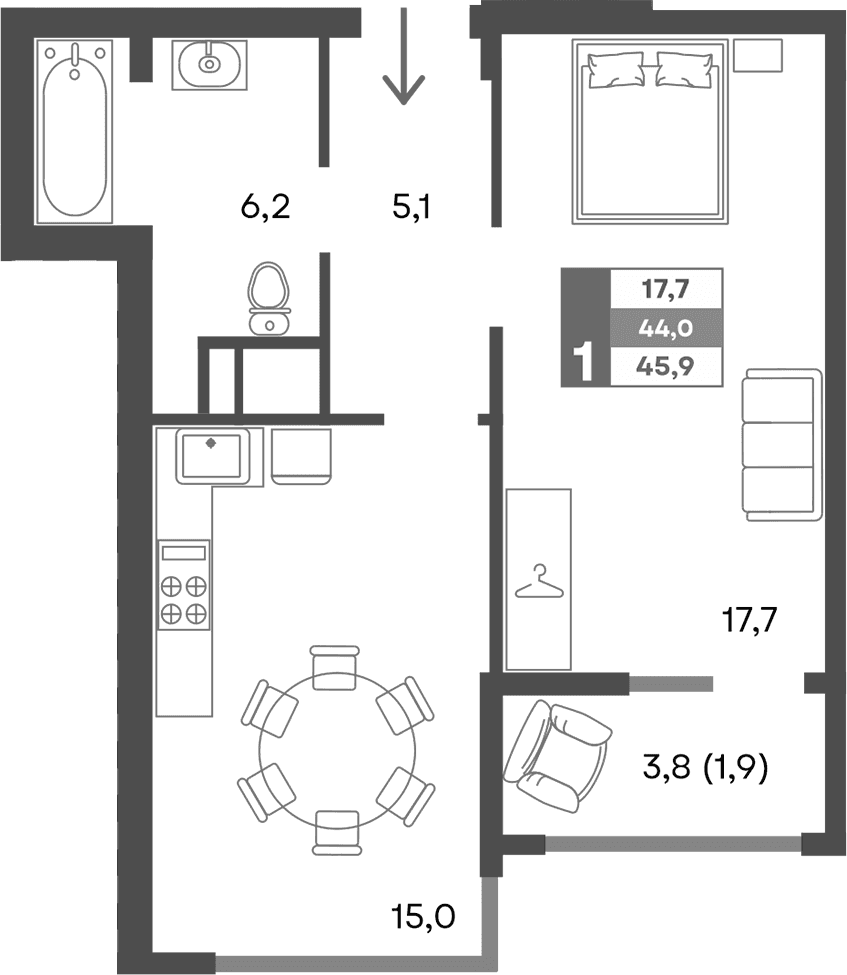2-комн., 44 м²