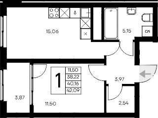 1-комн., 38.22 м²