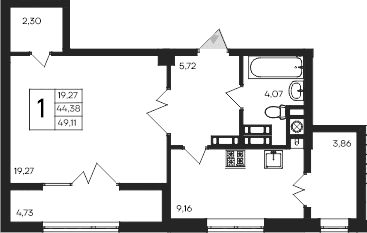 1-комн., 44.38 м²