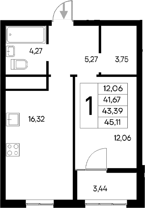 1-комн., 41.67 м²