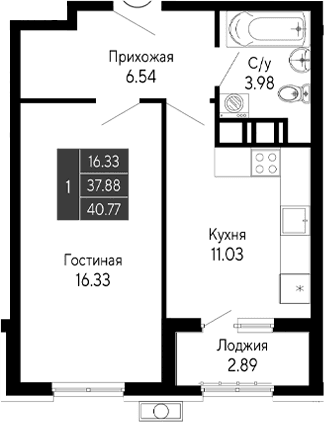 1-комн., 37.88 м²