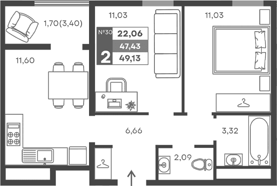 2-комн., 45.73 м²