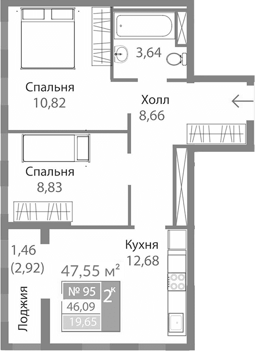 2-комн., 44.63 м²