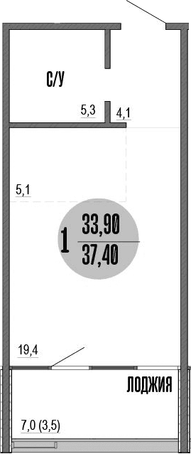 Студия, 33.9 м²