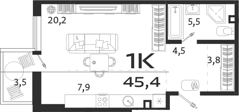 Студия, 41.9 м²