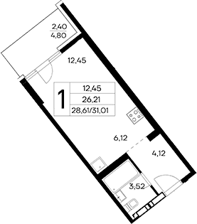 Студия, 28.61 м²