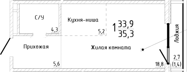 Студия, 33.9 м²