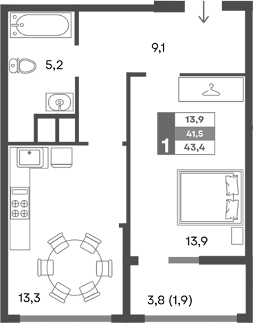 1-комн., 41.5 м²