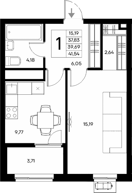 1-комн., 37.83 м²