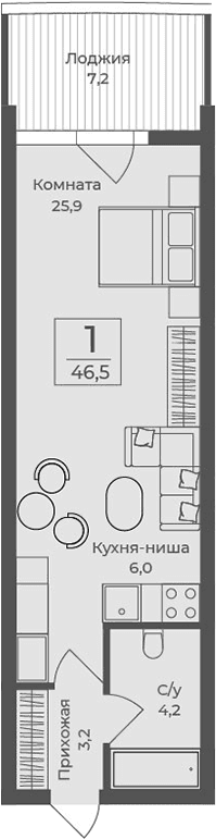 Студия, 39.3 м²
