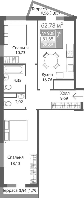 2-комн., 61.67 м²