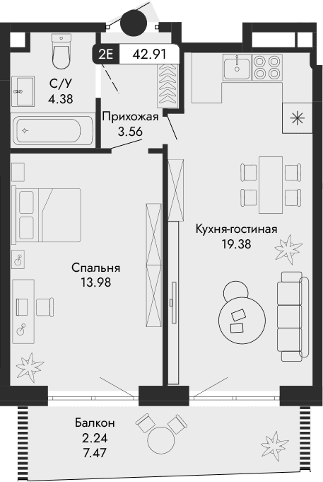 2-комн., 40.67 м²