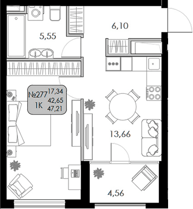 1-комн., 42.65 м²