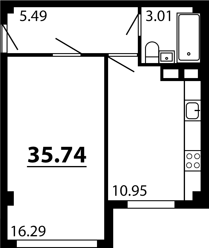 1-комн., 35.74 м²