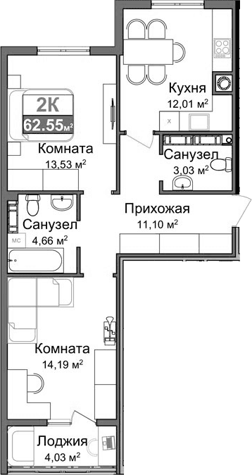 2-комн., 56.51 м²