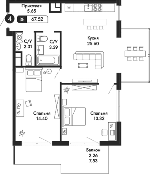 3-комн., 65.26 м²