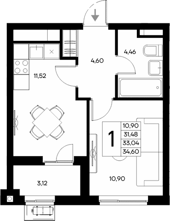 1-комн., 31.48 м²