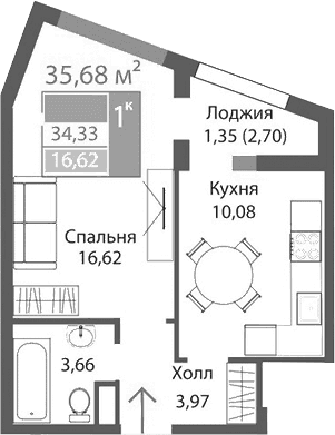1-комн., 34.33 м²