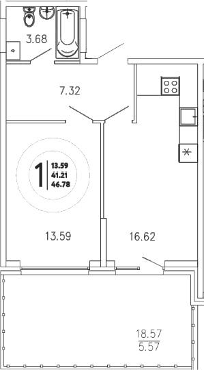 1-комн., 41.21 м²