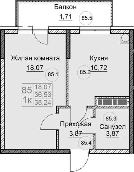 1-комн., 36.53 м²