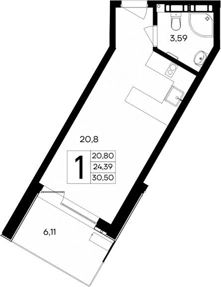 Студия, 24.39 м²