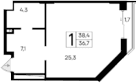 Студия, 36.7 м²