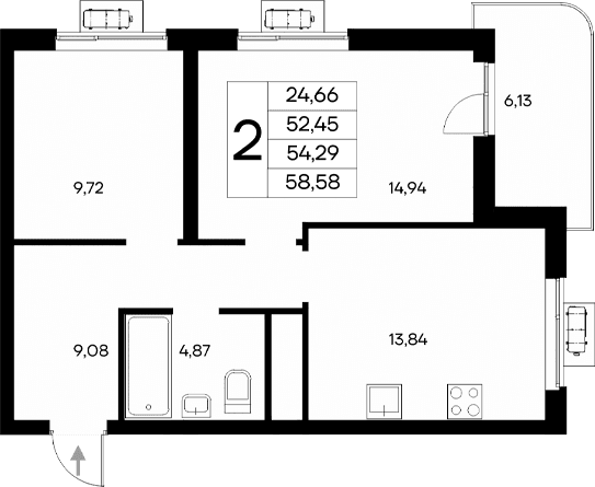 2-комн., 52.45 м²