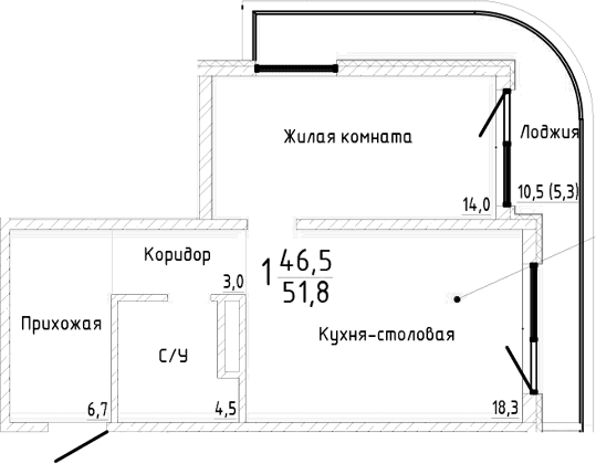 1-комн., 46.5 м²
