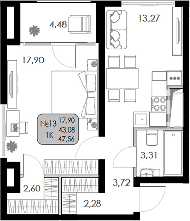 1-комн., 43.08 м²