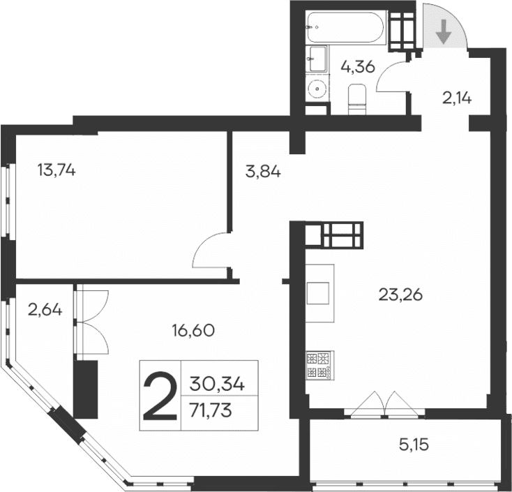2-комн., 63.94 м²