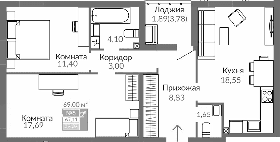 2-комн., 65.22 м²