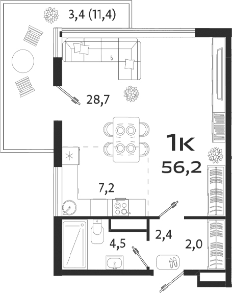 Студия, 44.8 м²