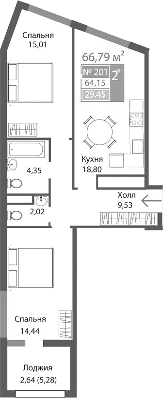 2-комн., 64.15 м²