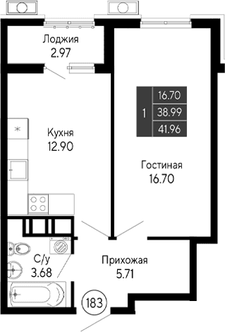 1-комн., 38.99 м²