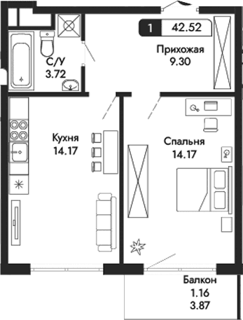 1-комн., 41.36 м²