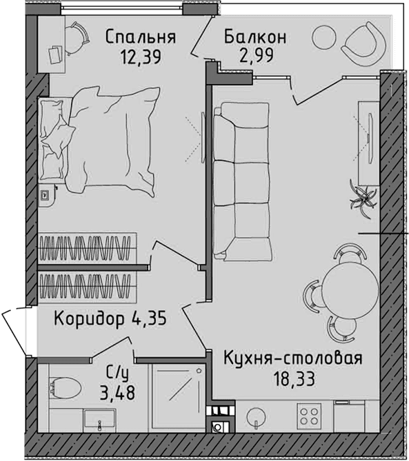 2-комн., 38.55 м²
