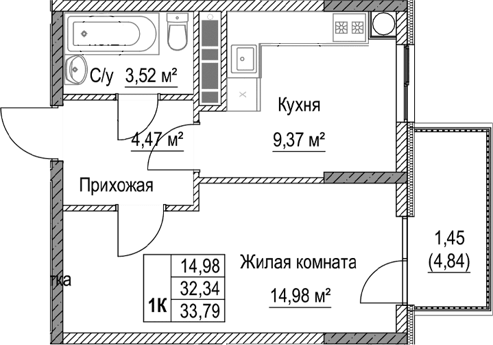 1-комн., 32.34 м²
