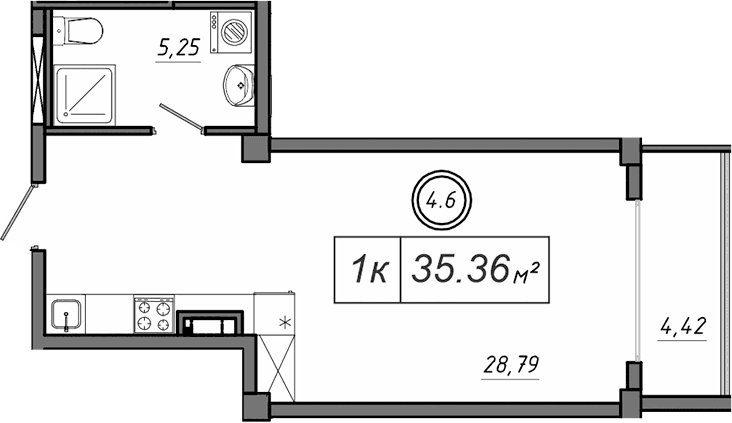 Студия, 34.03 м²
