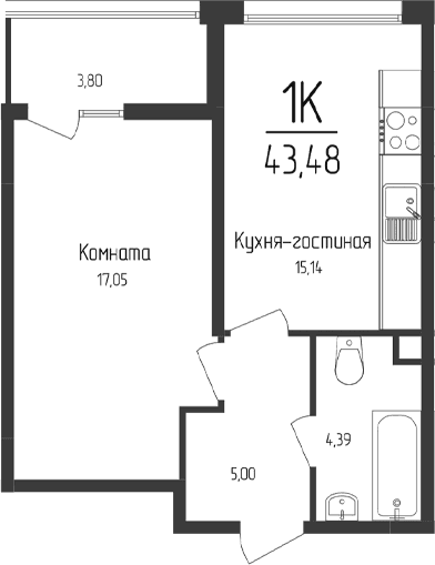 1-комн., 41.58 м²