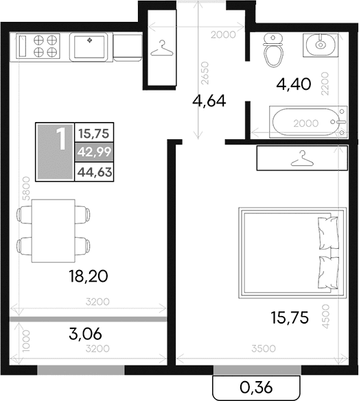 1-комн., 42.99 м²