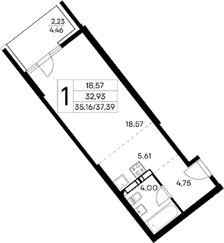 Студия, 35.16 м²