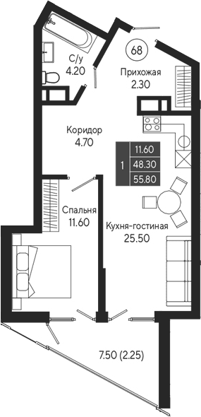 1-комн., 48.3 м²