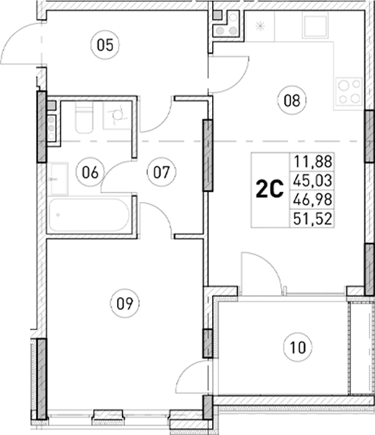 1-комн., 45.03 м²