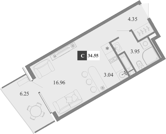 Студия, 28.3 м²