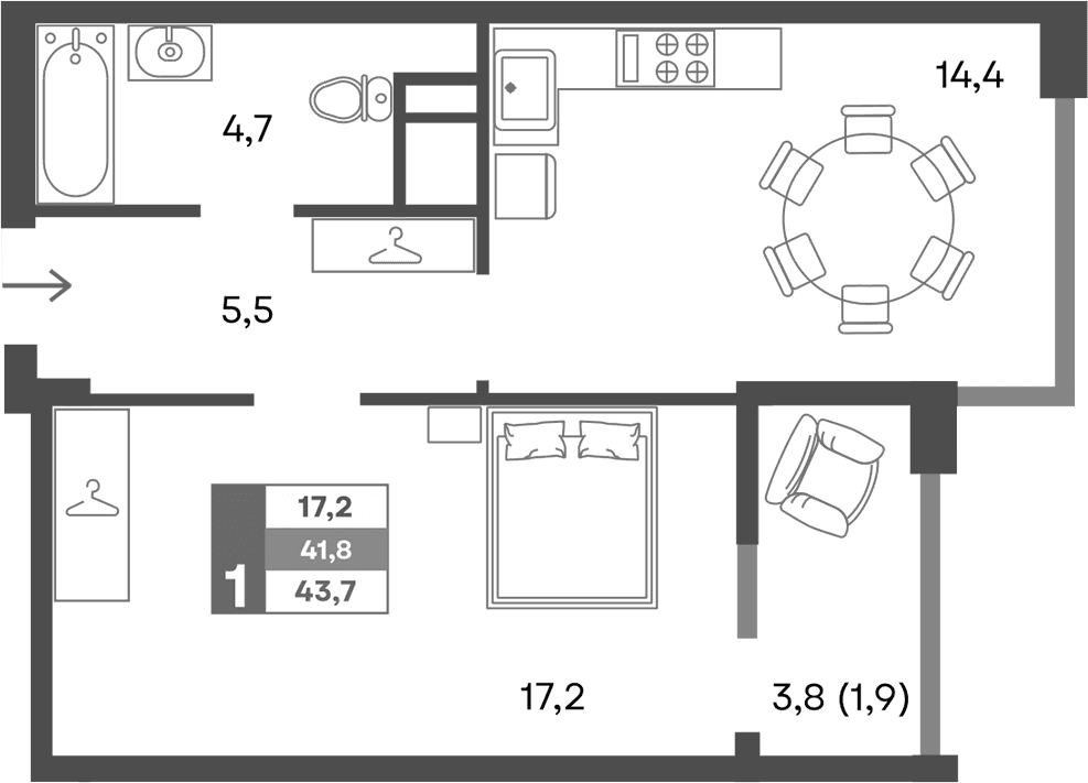 1-комн., 41.8 м²